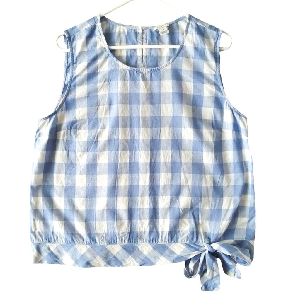 J. Crew Factory Top Cotton Linen Blue White Gingham Sleeveless Front Womens 14